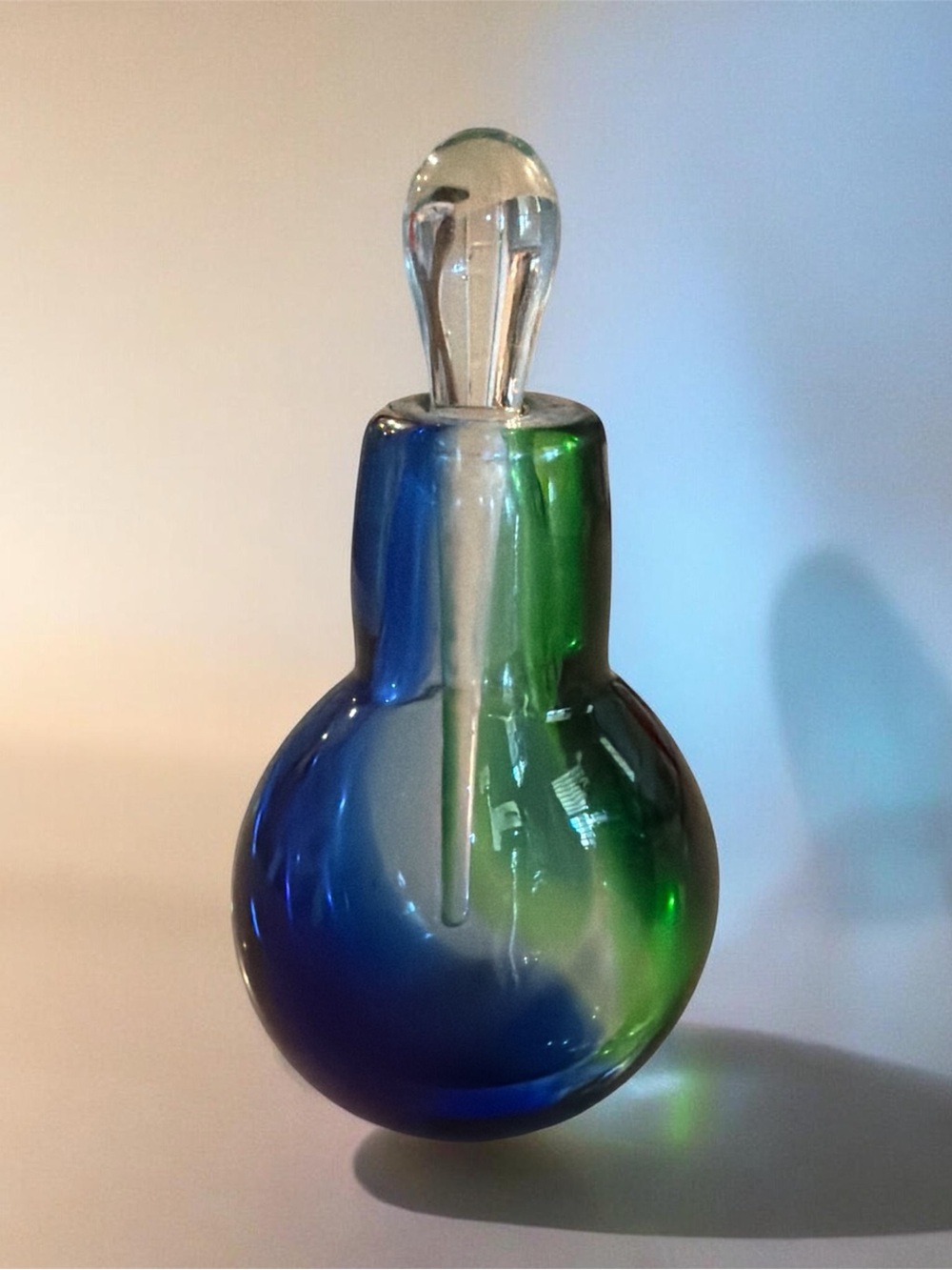 Vintage Murano Blue and Green Blown Glass Perfume Bottle with Clear Stopper
